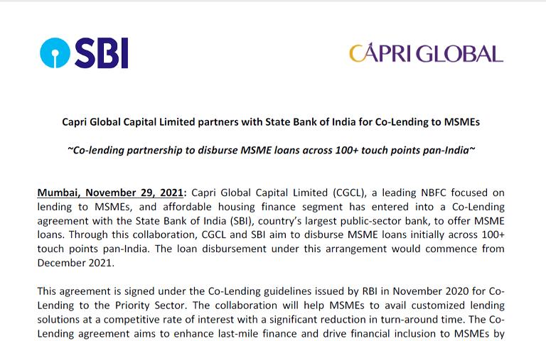 Capri Global Capital Ltd partners with State Bank of India for Co_Lending to MSMEs