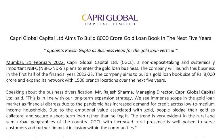 Capri Global Capital Ltd Aims To Build 8000 Crore Gold Loan Book In The Next Five Years