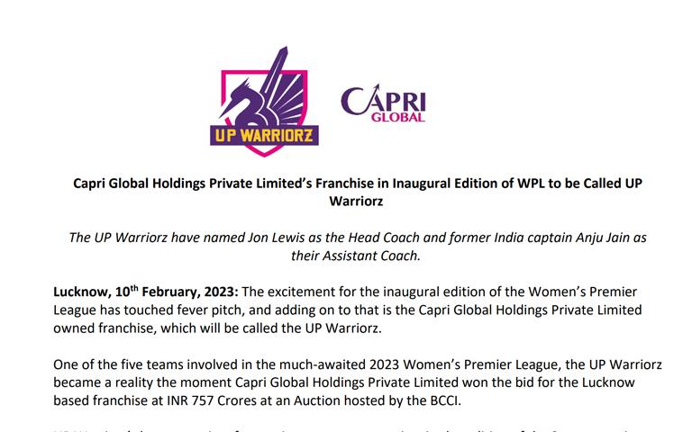 Capri Global Holdings Private Limited's Franchise in inaugral Edition of WPL to be called UP Warriorz