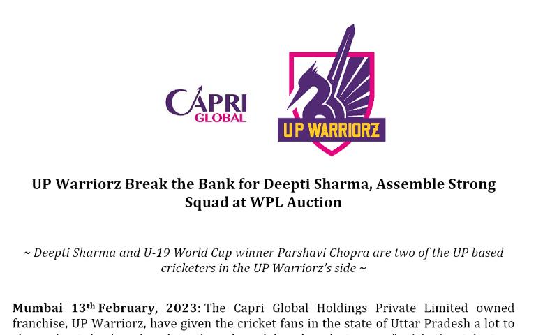 UP Warriorz Break the Bank for Deepti Sharma, Assemble Strong Squad at WPL Auction