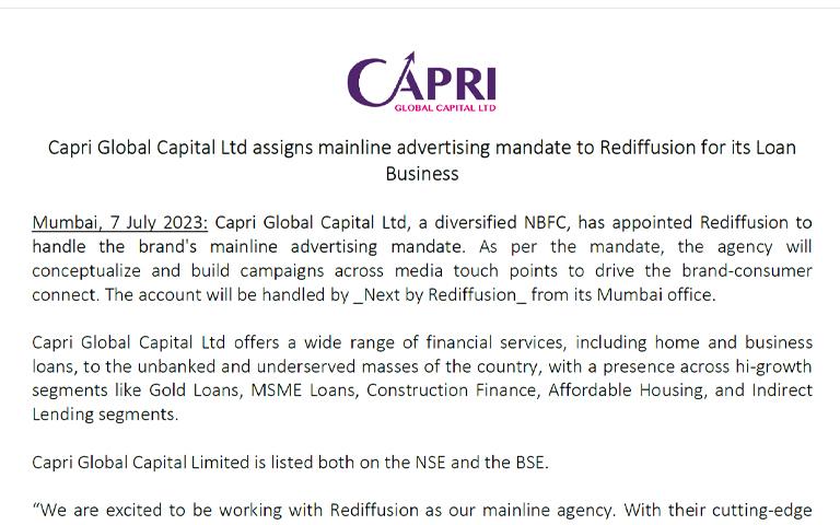 Capri Global Capital Ltd assigns mainline advertising mandate to Rediffusion for its Loan Business