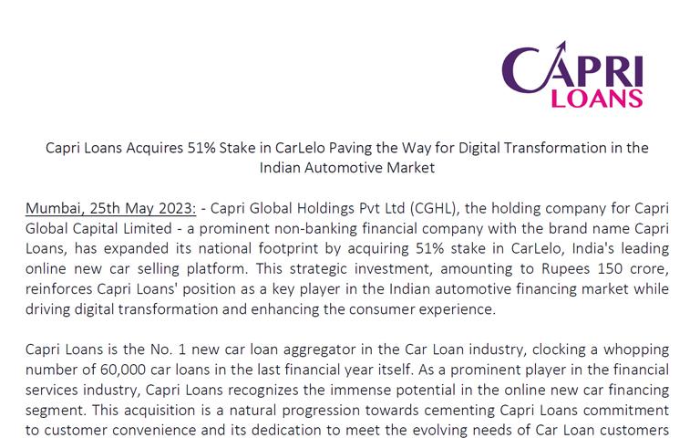 Capri Loans Acquires 51% Stake in CarLelo Paving the Way for Digital Transformation in the Indian Automotive Market