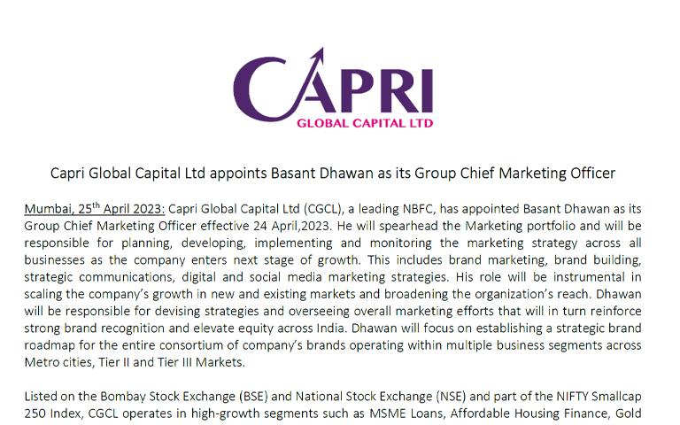 Capri Global Capital Ltd appoints Basant Dhawan as its Group Chief Marketing Officer