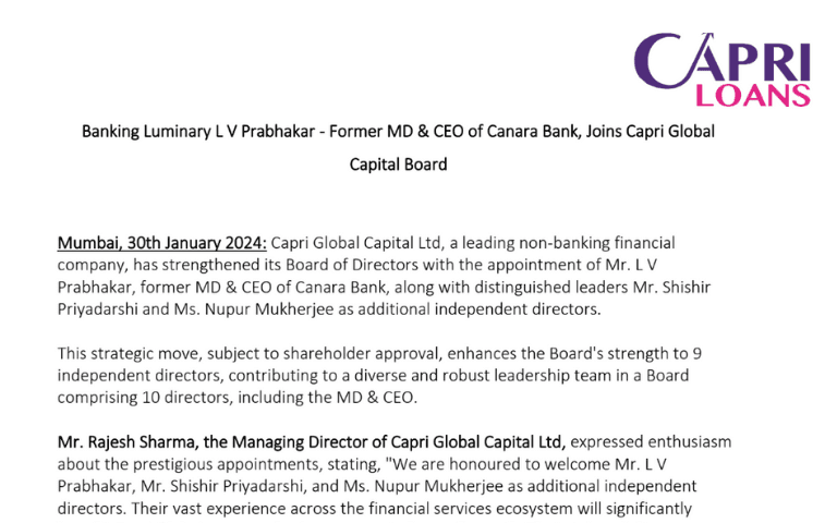 Banking Luminary L V Prabhakar - Former MD & CEO of Canara Bank, Joins Capri Global Capital Board