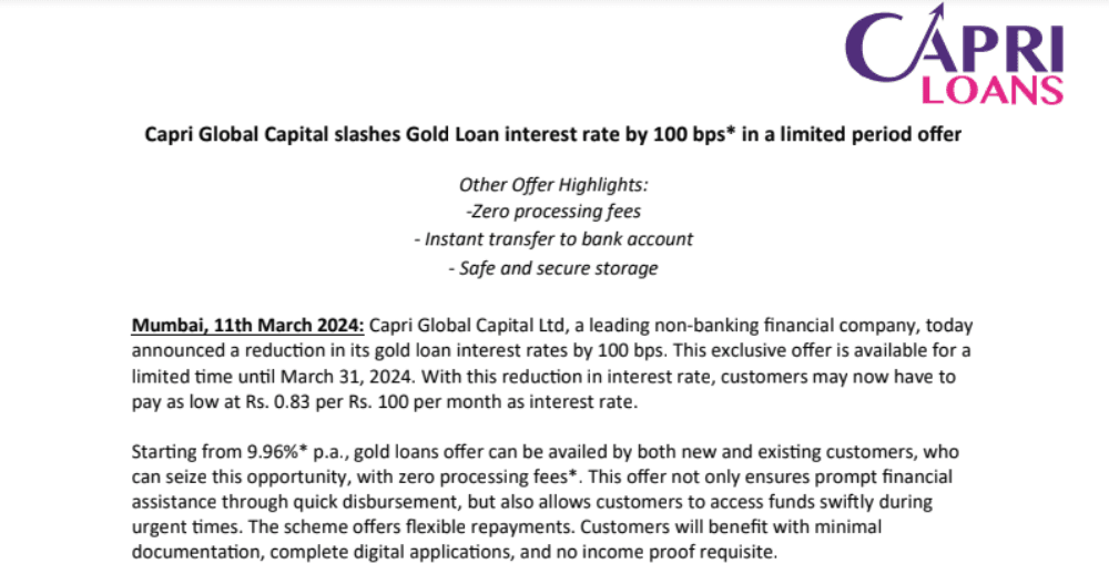 Capri Global Capital slashes Gold Loan interest rate by 100 bps