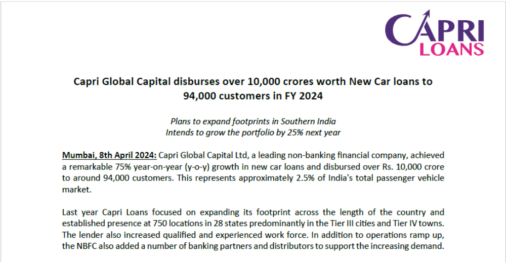 CGCL disburses over 10,000 crores worth New Car loans to 94,000 customers in FY 2024