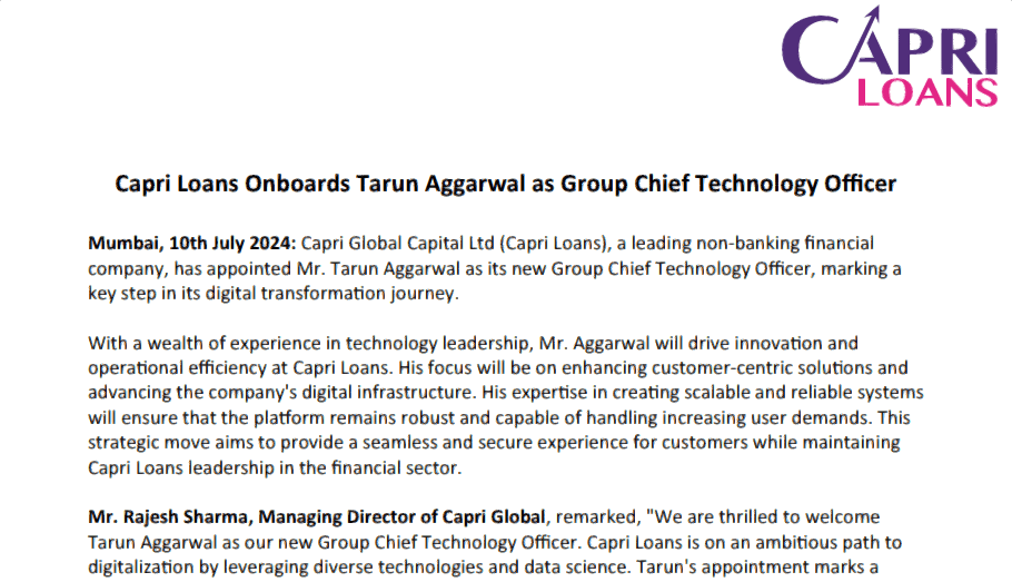 Capri Loans Onboards Tarun Aggarwal as Group Chief Technology Officer