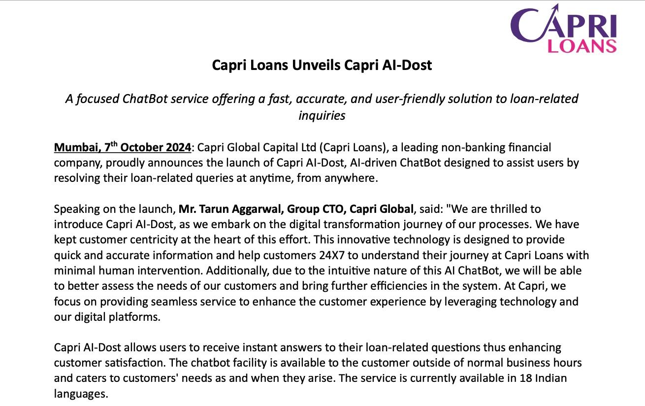 Capri Loans Unveils Capri AI-Dost