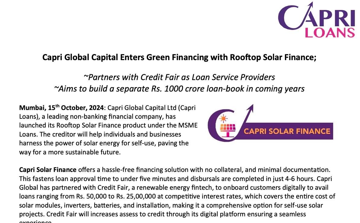 Capri Loans Enters Green Financing with Rooftop Solar Finance